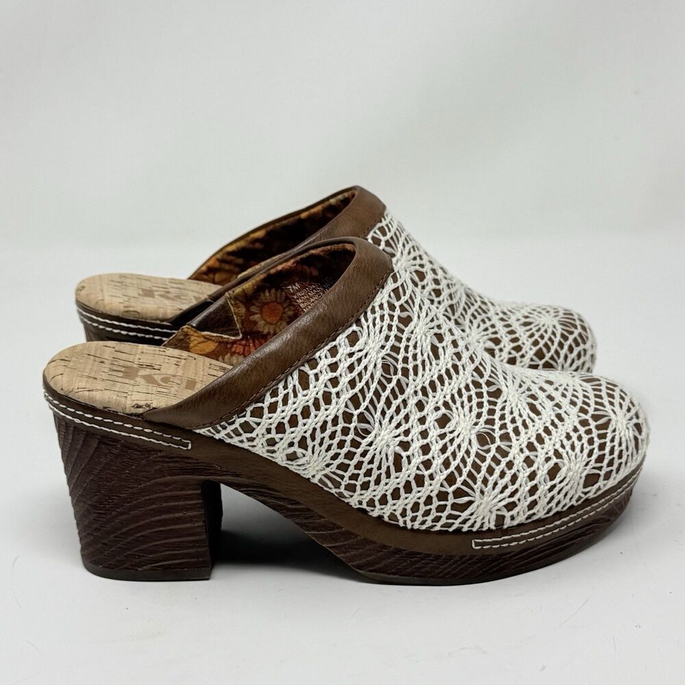 Korks Nora Clogs Mules Womens 7 M Brown White Crochet Chunky Wooden Heel Boho